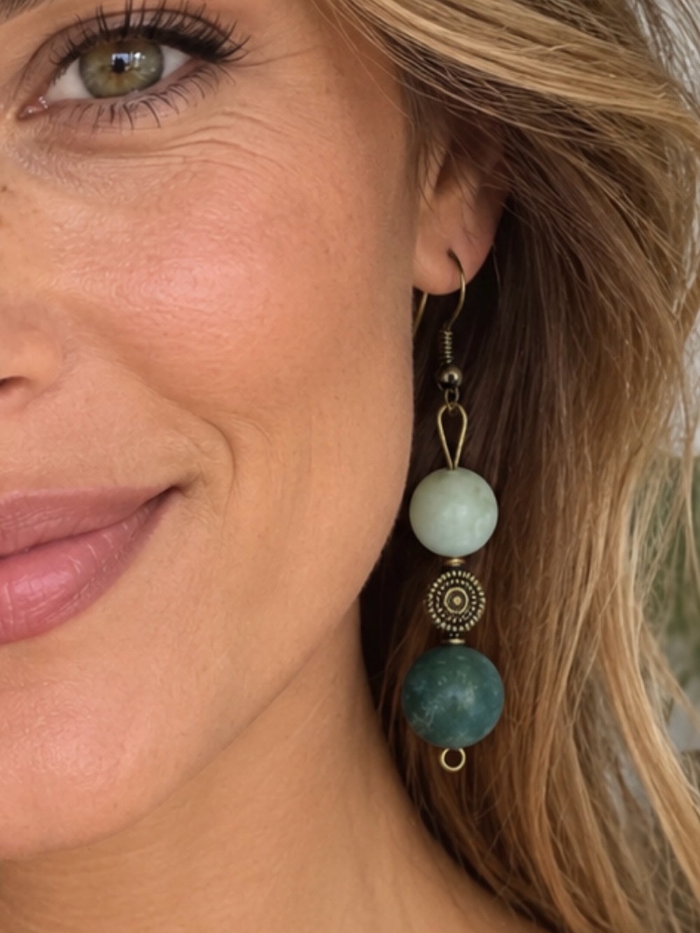 NEW MAREA Green Stone Bead Boho Dangle Earrings Handmade women’s necklace jade